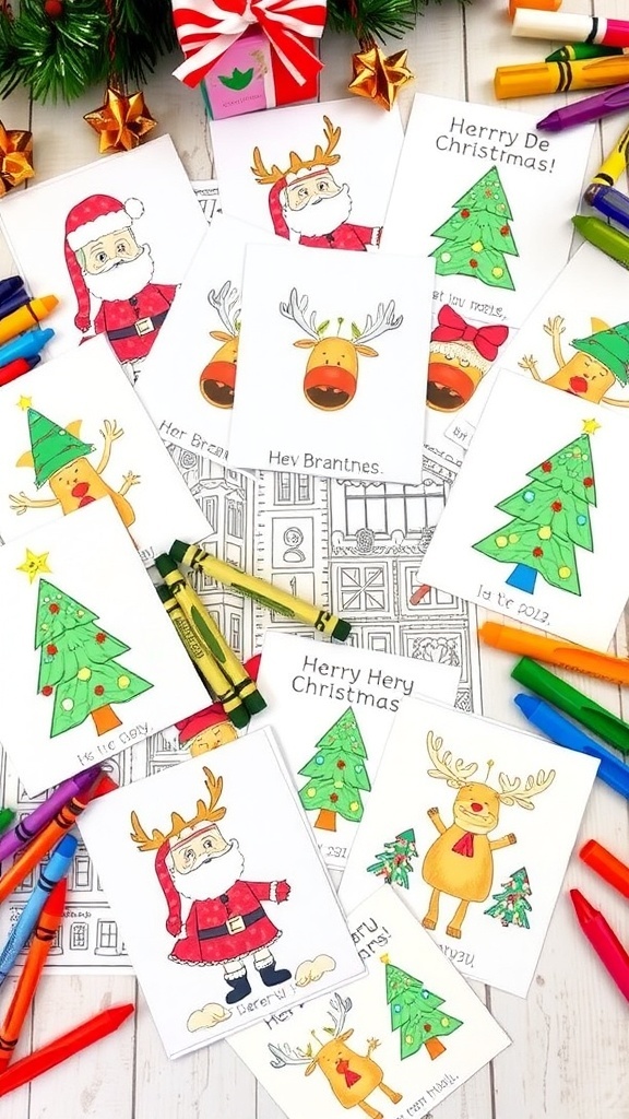 Printable Christmas Cards for Kids Printable Christmas cards for kids with festive designs on a table with coloring materials.